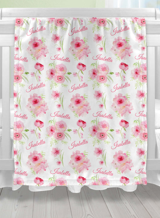 Custom Minky Blanket with Name, Pink and Green Floral Pattern