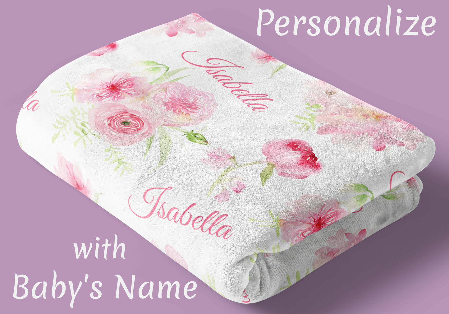 Custom Minky Blanket with Name, Pink and Green Floral Pattern