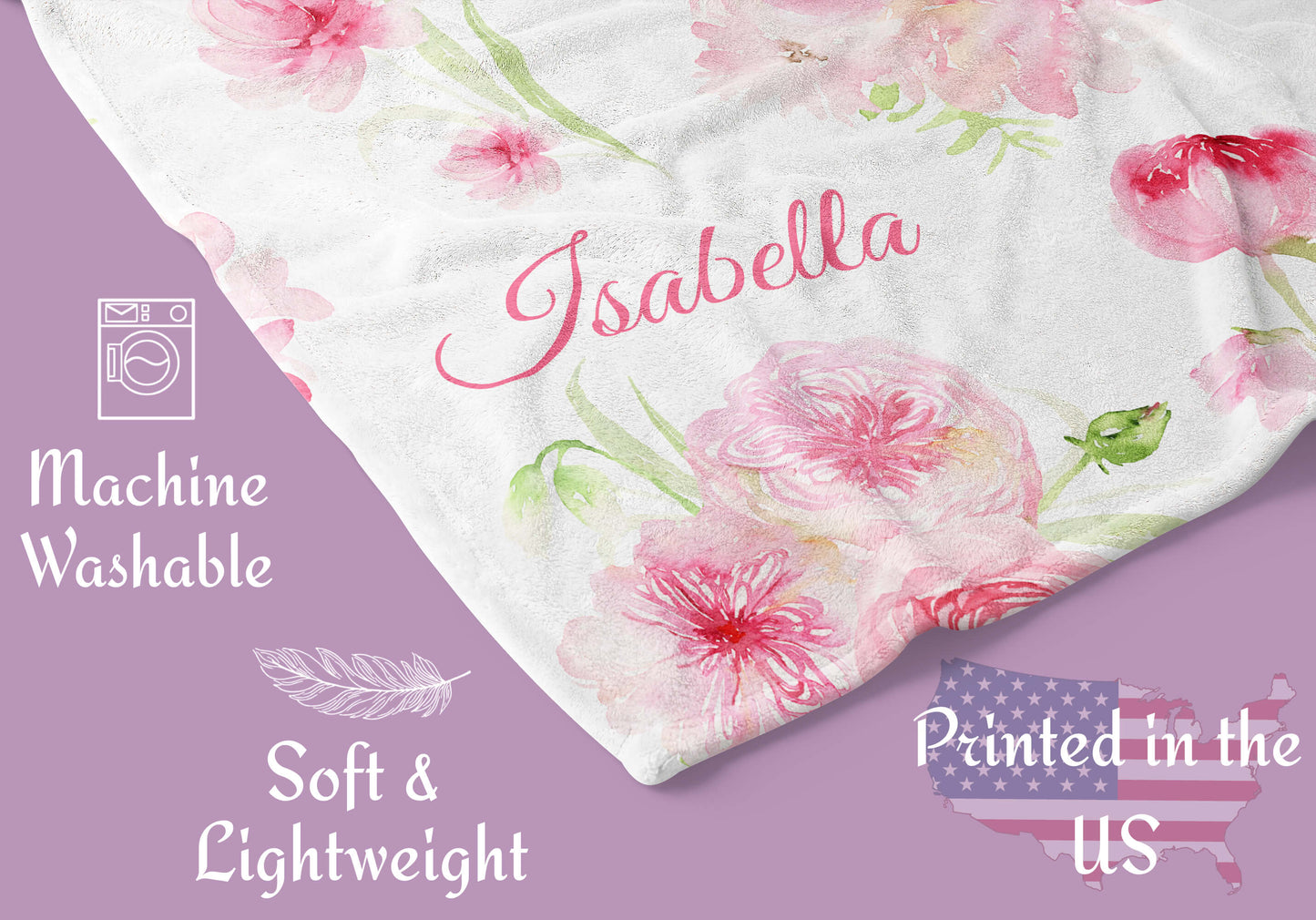 Custom Minky Blanket with Name, Pink and Green Floral Pattern