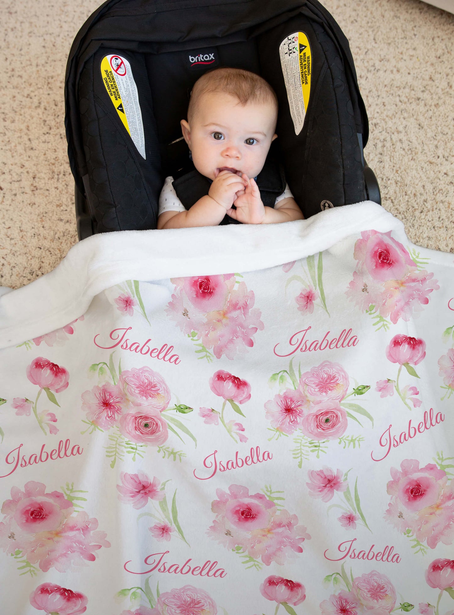 Custom Minky Blanket with Name, Pink and Green Floral Pattern