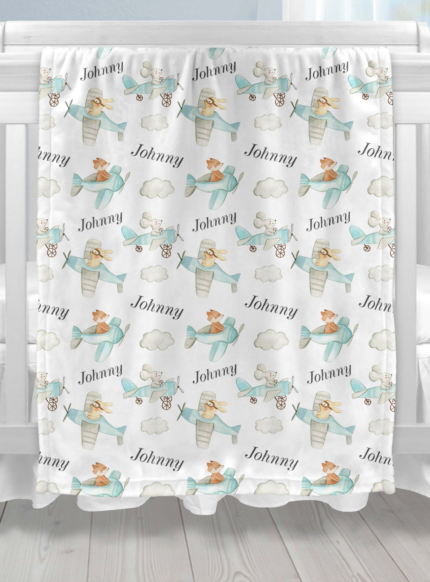 Custom Baby Name Blanket with Planes, Mouse, Rabbit and Fox