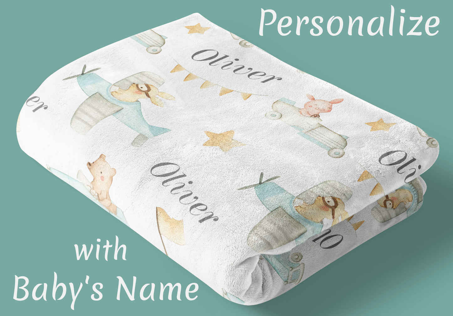 Retro Cars and Planes - Personalized Baby Blanket with Animals
