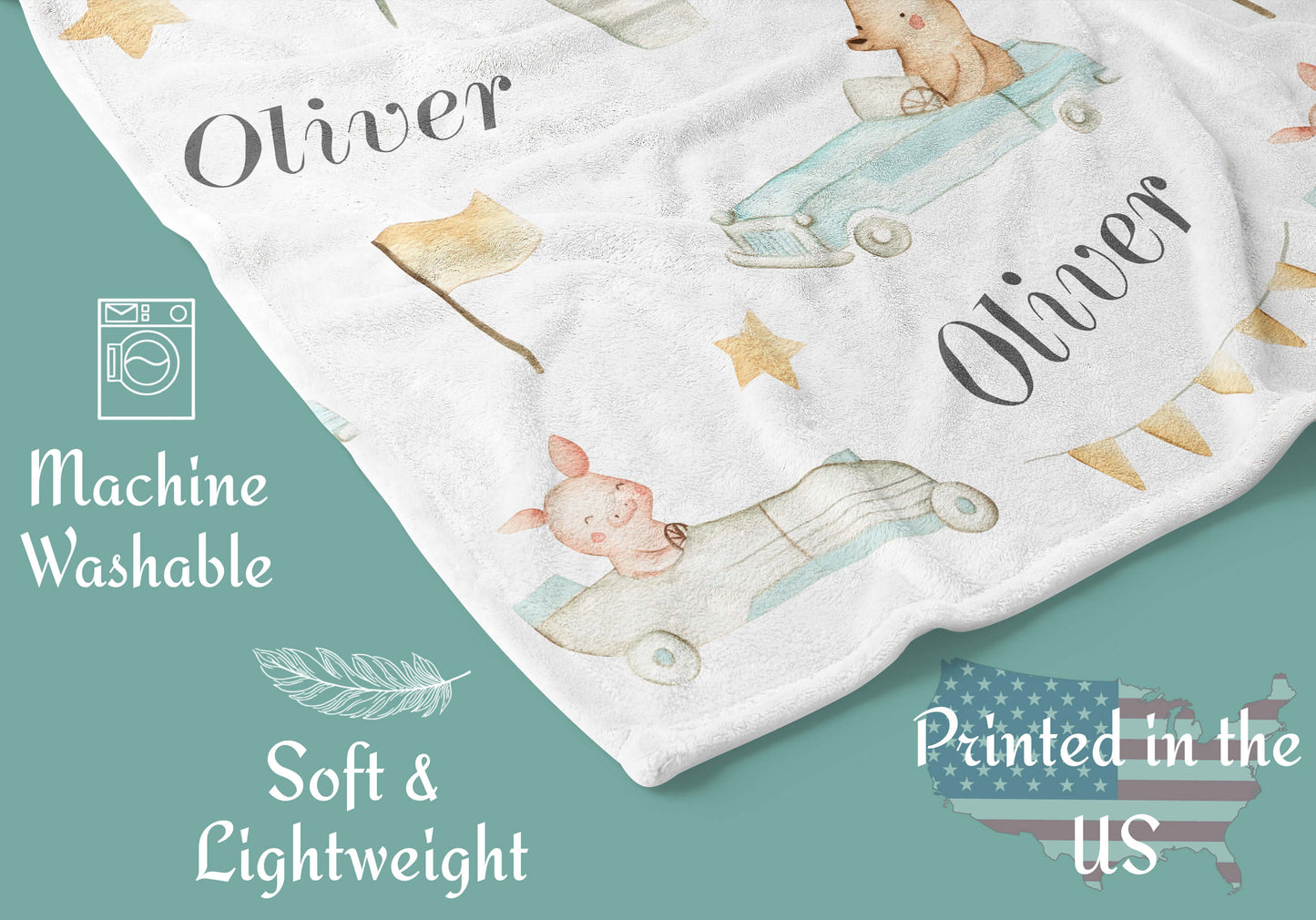 Retro Cars and Planes - Personalized Baby Blanket with Animals