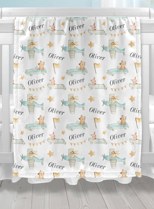 Retro Cars and Planes - Personalized Baby Blanket with Animals
