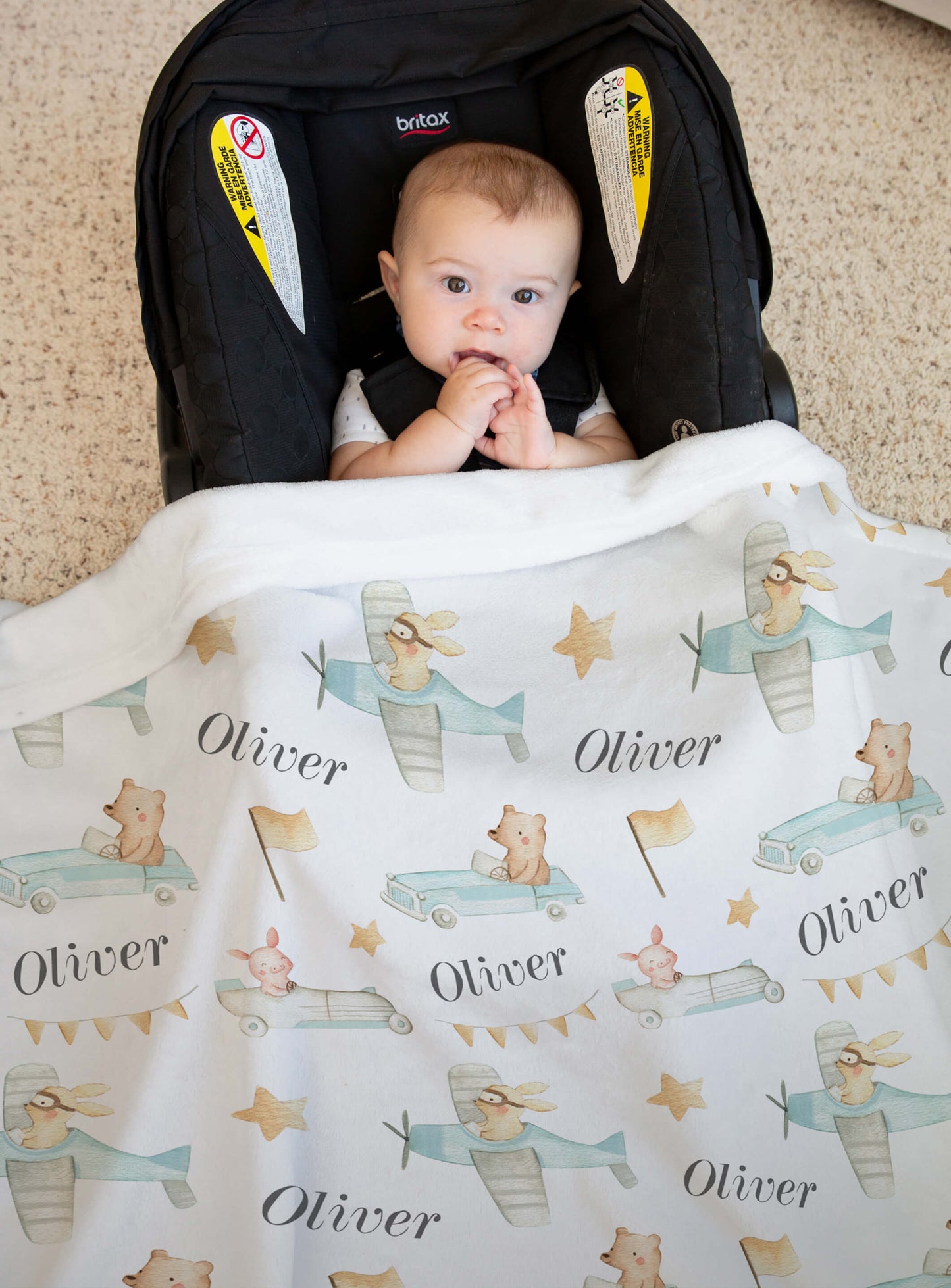Retro Cars and Planes - Personalized Baby Blanket with Animals