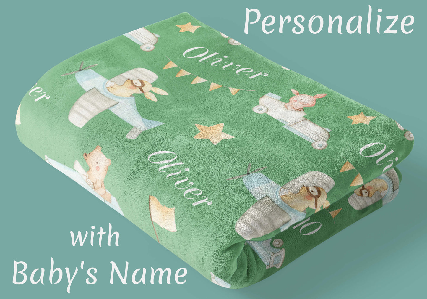 Cars and Planes - Personalized Baby Blanket for Boys with Name and Animals, Sage Green