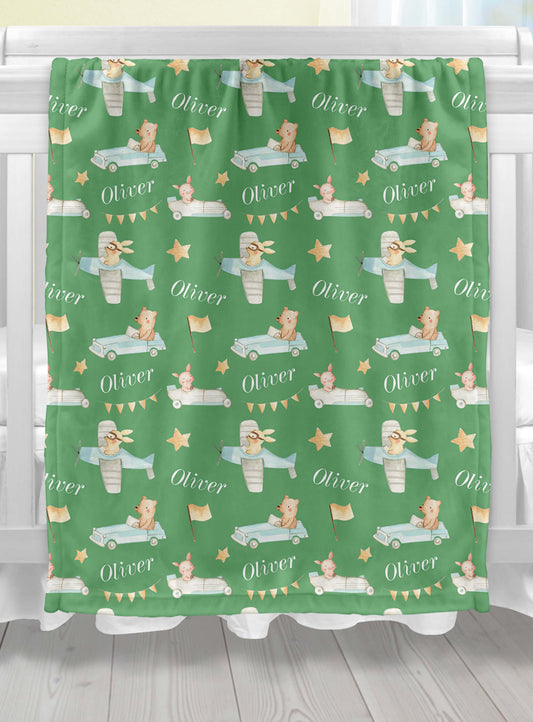 Cars and Planes - Personalized Blanket for Boys with Name and Animals, Sage Green