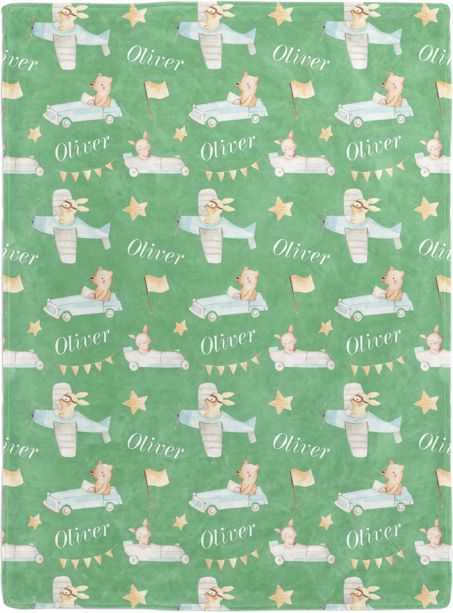 Cars and Planes - Personalized Baby Blanket for Boys with Name and Animals, Sage Green