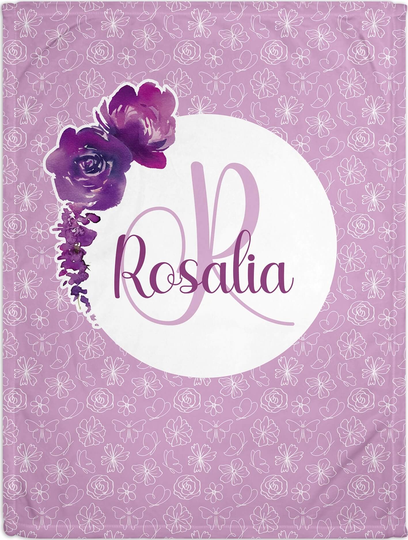 Purple Monogrammed Baby Blanket with Flowers and Butterflies