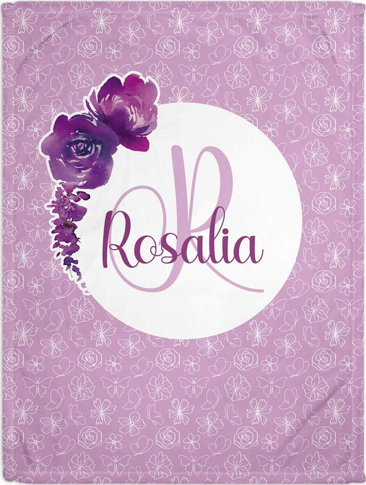 Purple Monogrammed Baby Blanket with Flowers and Butterflies