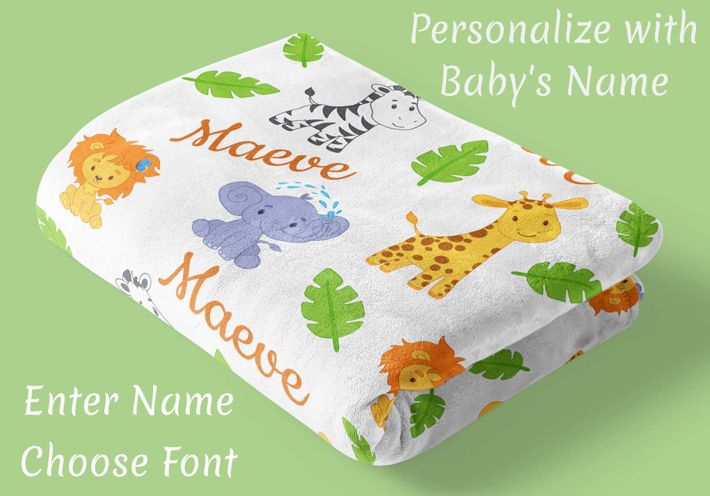 Baby Blankets with Name and Safari Animals: Lion, Elephant Zebra, Giraffe