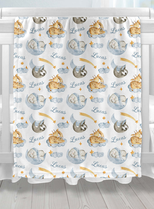 Sleeping Animals - Custom Name Blanket for Boys with Elephant and Giraffe, Baby Blue