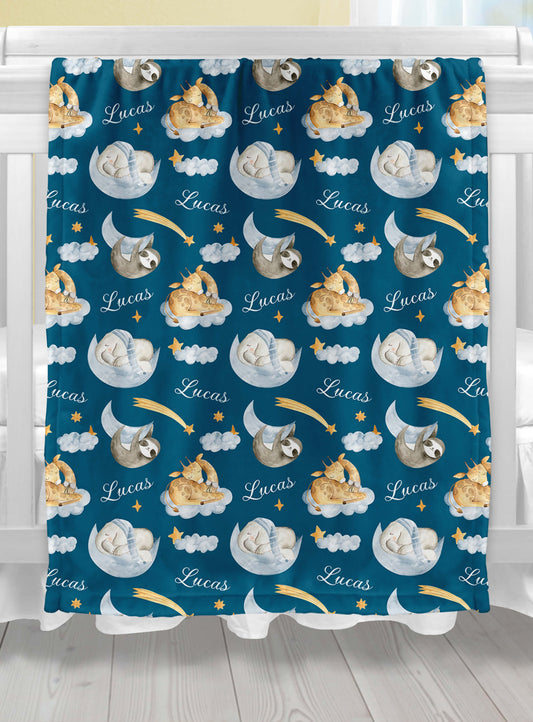 Sleeping Animals - Personalized Baby Name Blanket for Boys with Elephant and Giraffe