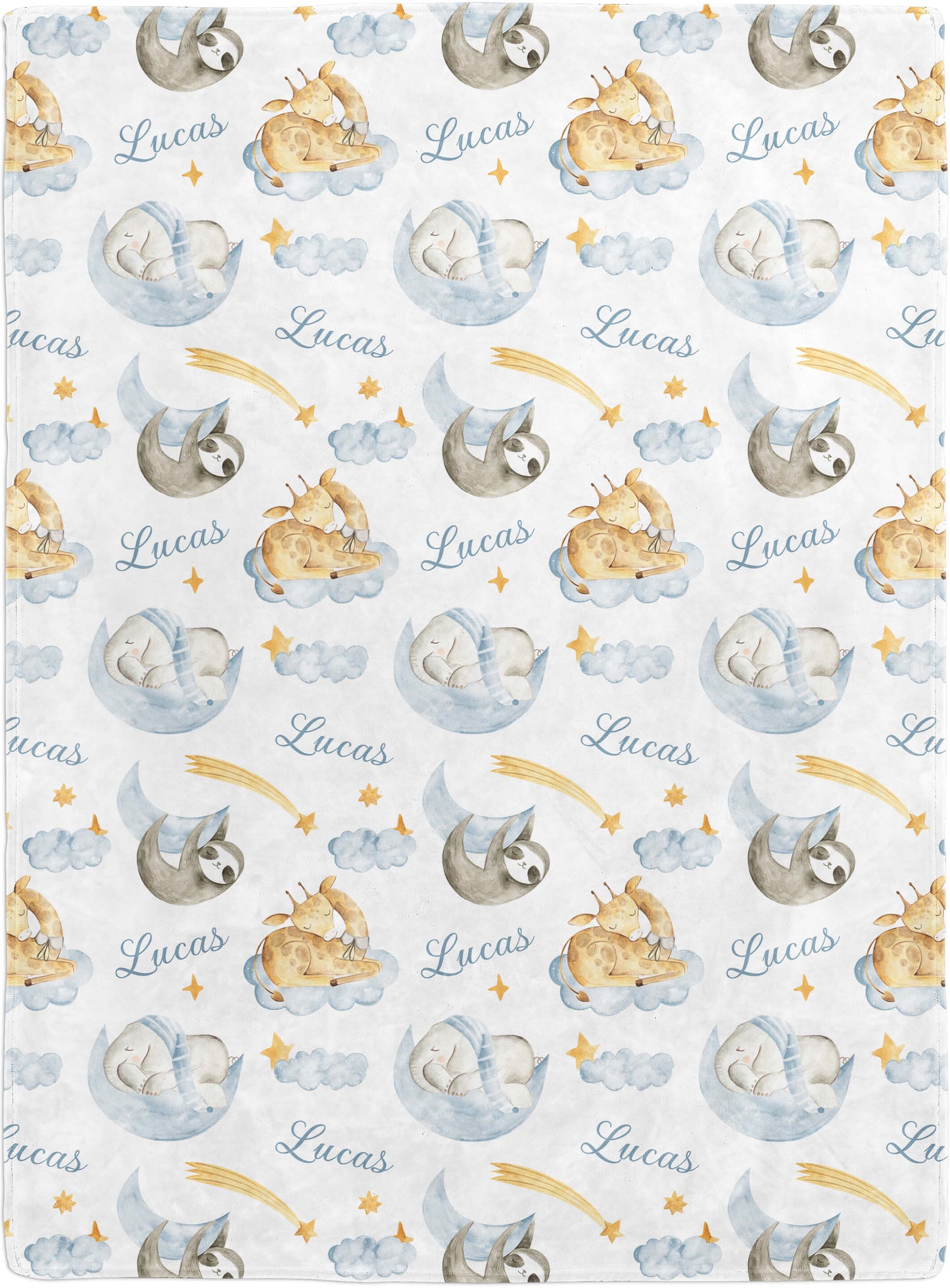 Sleeping Animals - Custom Name Blanket for Boys with Elephant and Giraffe, Baby Blue