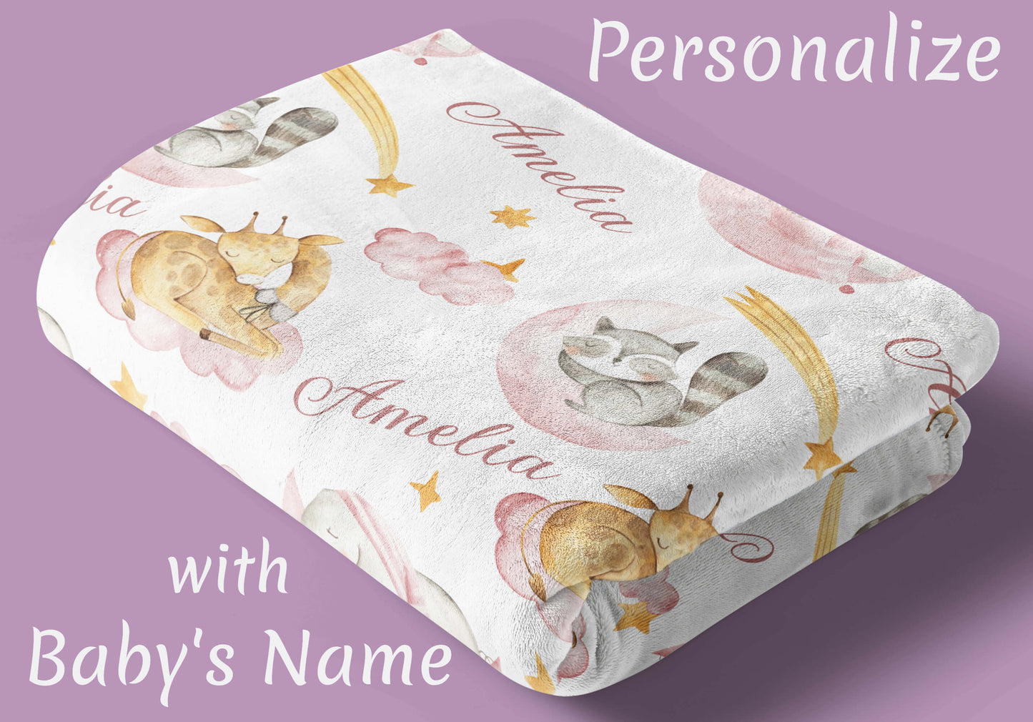 Sleeping Animals - Personalized Name Blanket for Girls with Elephant and Giraffe, Baby Pink