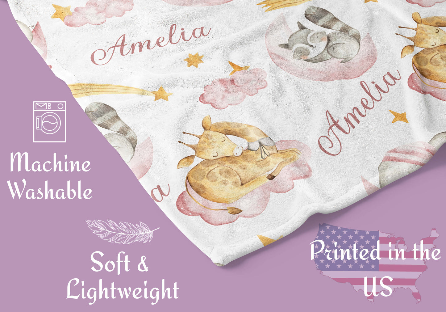 Sleeping Animals - Personalized Name Blanket for Girls with Elephant and Giraffe, Baby Pink