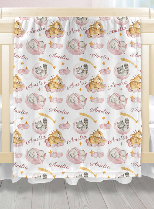Sleeping Animals - Personalized Name Blanket for Girls with Elephant and Giraffe, Baby Pink