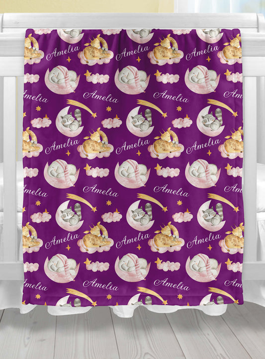 Sleeping Animals - Custom Baby Name Blanket for Girls with Elephant and Giraffe, Purple