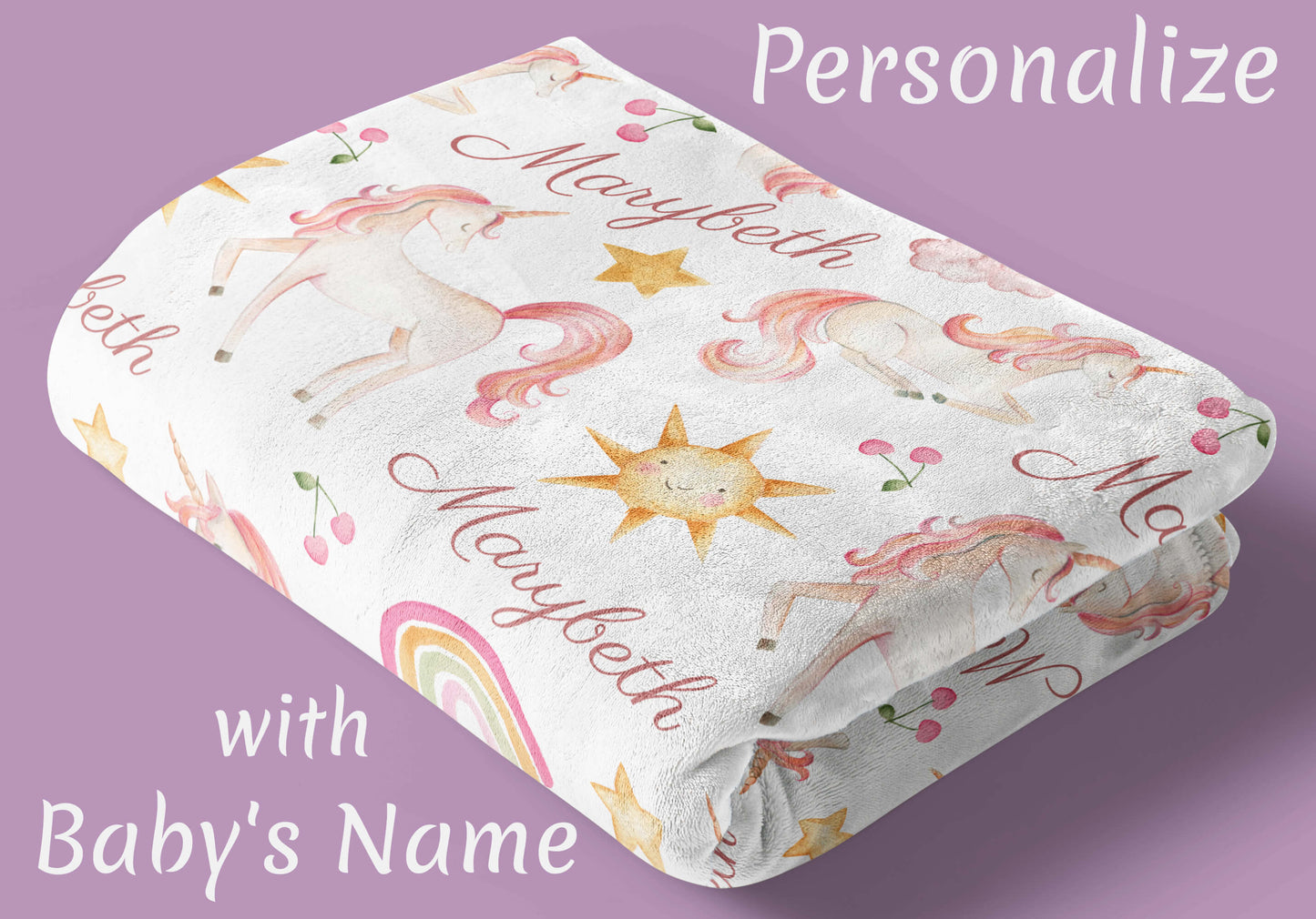 Custom Baby Name Blankets for Girls with Unicorns and Rainbows