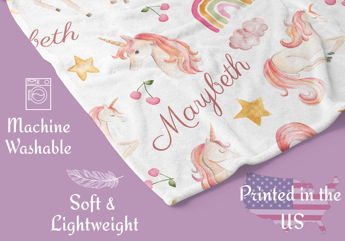 Custom Baby Name Blankets for Girls with Unicorns and Rainbows