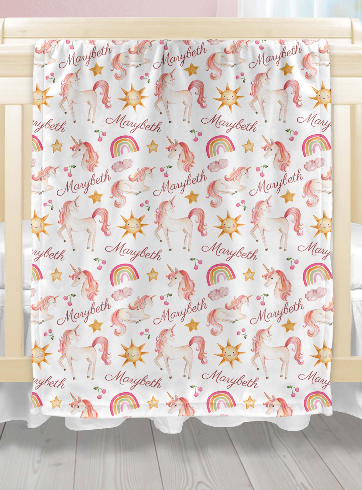 Custom Baby Name Blankets for Girls with Unicorns and Rainbows