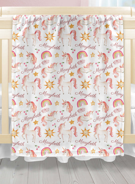 Custom Baby Name Blankets for Girls with Unicorns and Rainbows