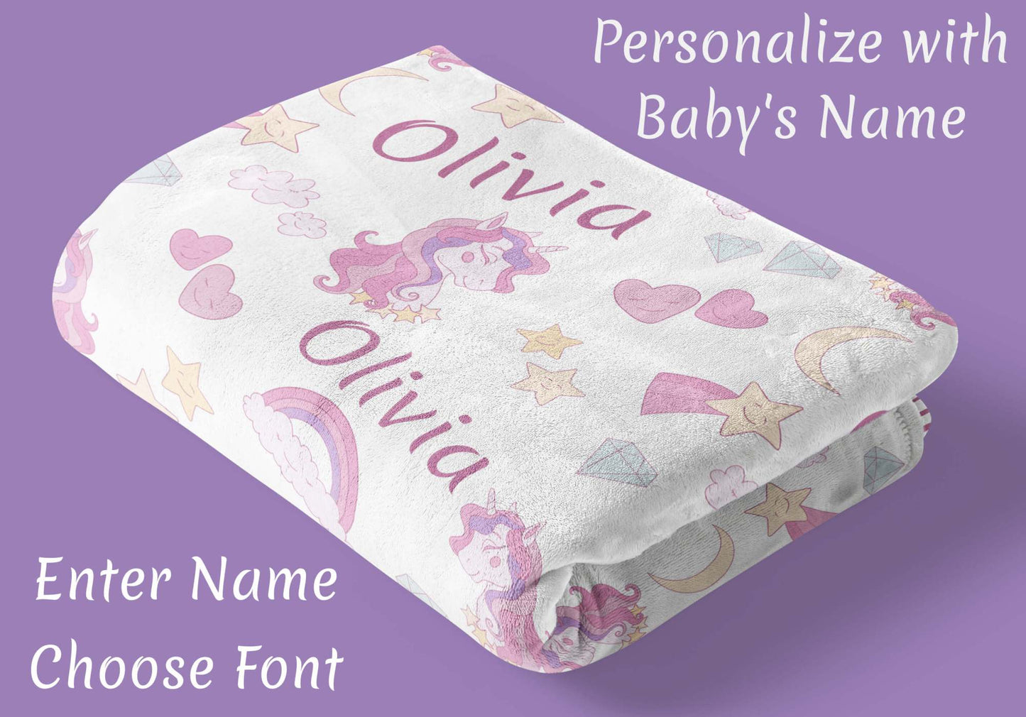 Personalized Baby Blankets for Girls with Name, Unicorns and Rainbows