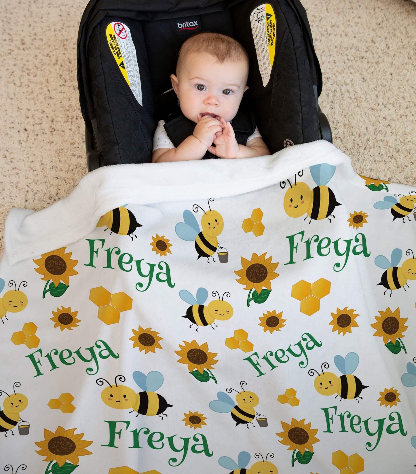 Personalized Baby Blankets for Girls and Boys with Name, Honey Bees, Sunflowers