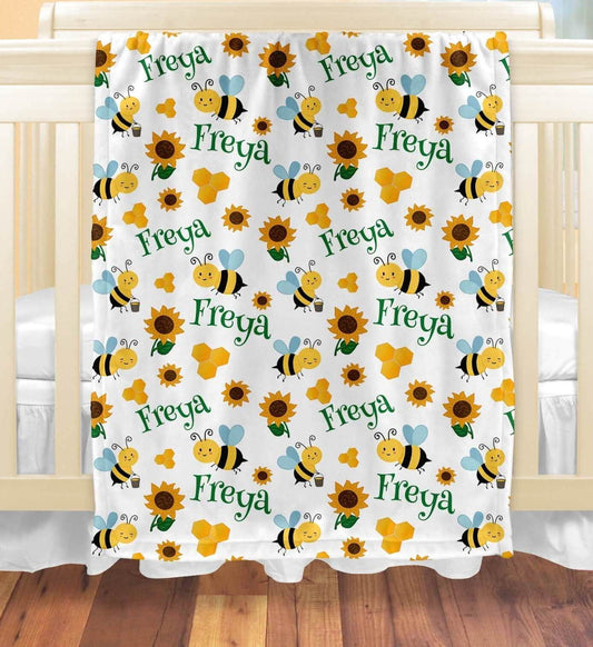 Personalized Baby Blankets for Girls and Boys with Name, Honey Bees, Sunflowers