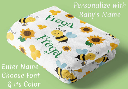 Personalized Baby Blankets for Girls and Boys with Name, Honey Bees, Sunflowers