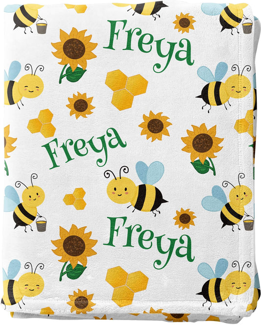 Personalized Baby Blankets for Girls and Boys with Name, Honey Bees, Sunflowers