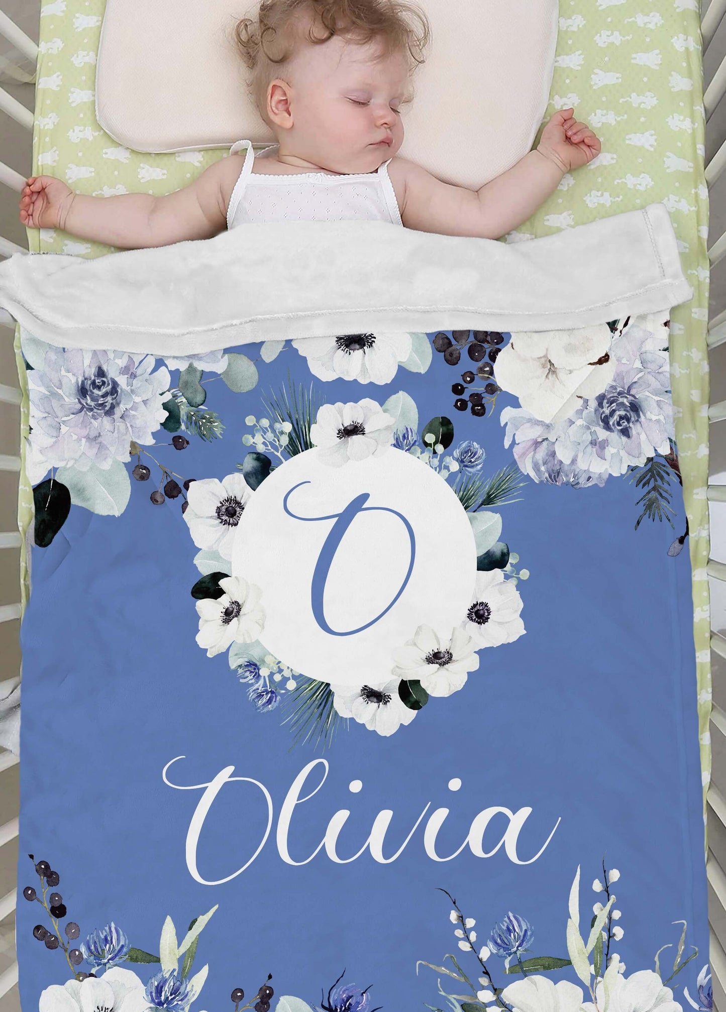 Customized Floral Baby Blankets with Name for Newborn, Infant, Toddler or Kid - Blue and White