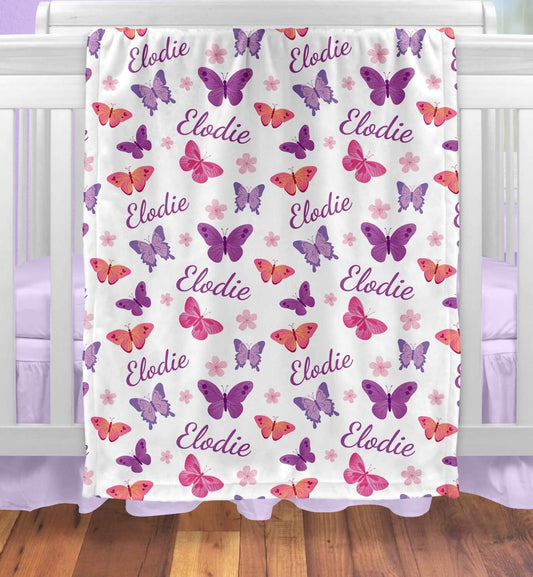 Personalized Purple Butterflies Baby Blanket for Girls with Name