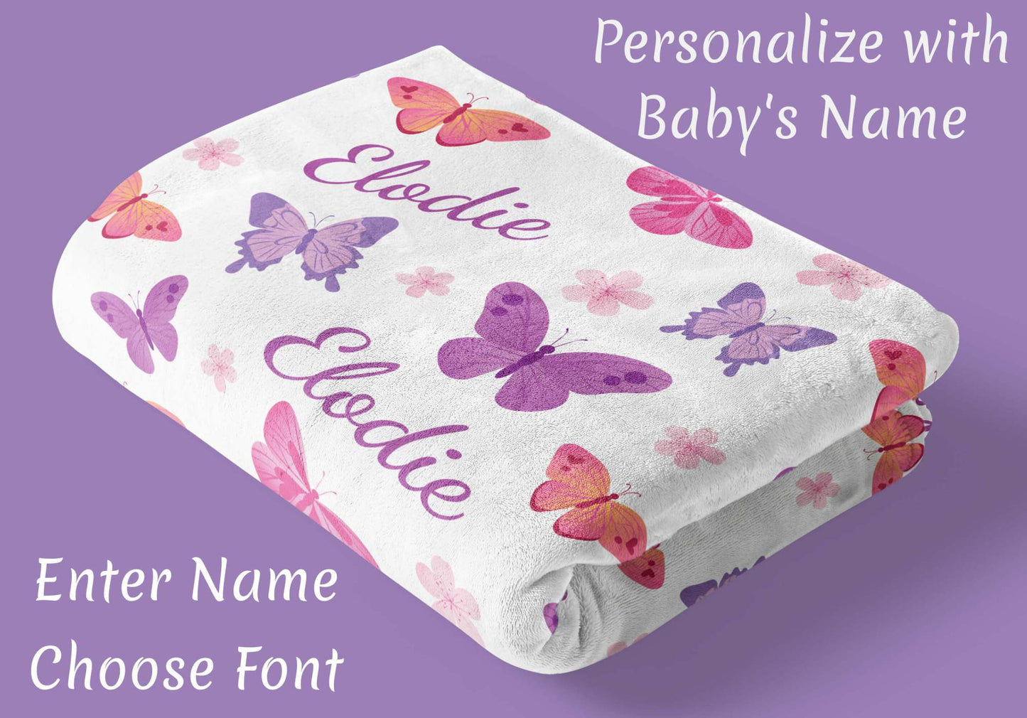 Personalized Purple Butterflies Baby Blanket for Girls with Name