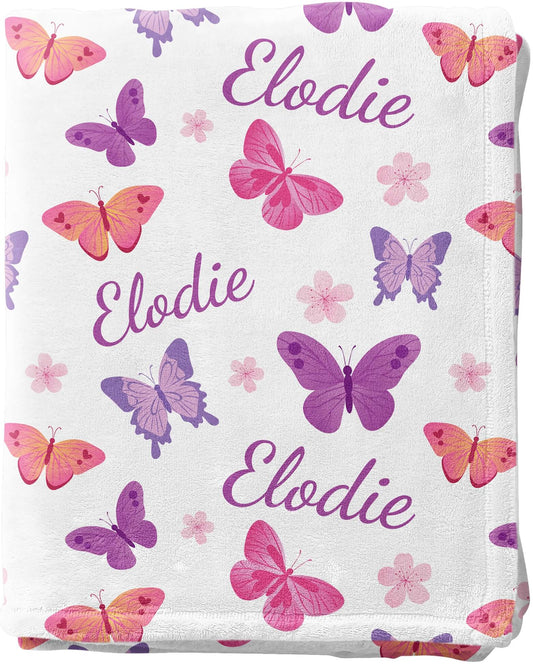 Personalized Purple Butterflies Baby Blanket for Girls with Name