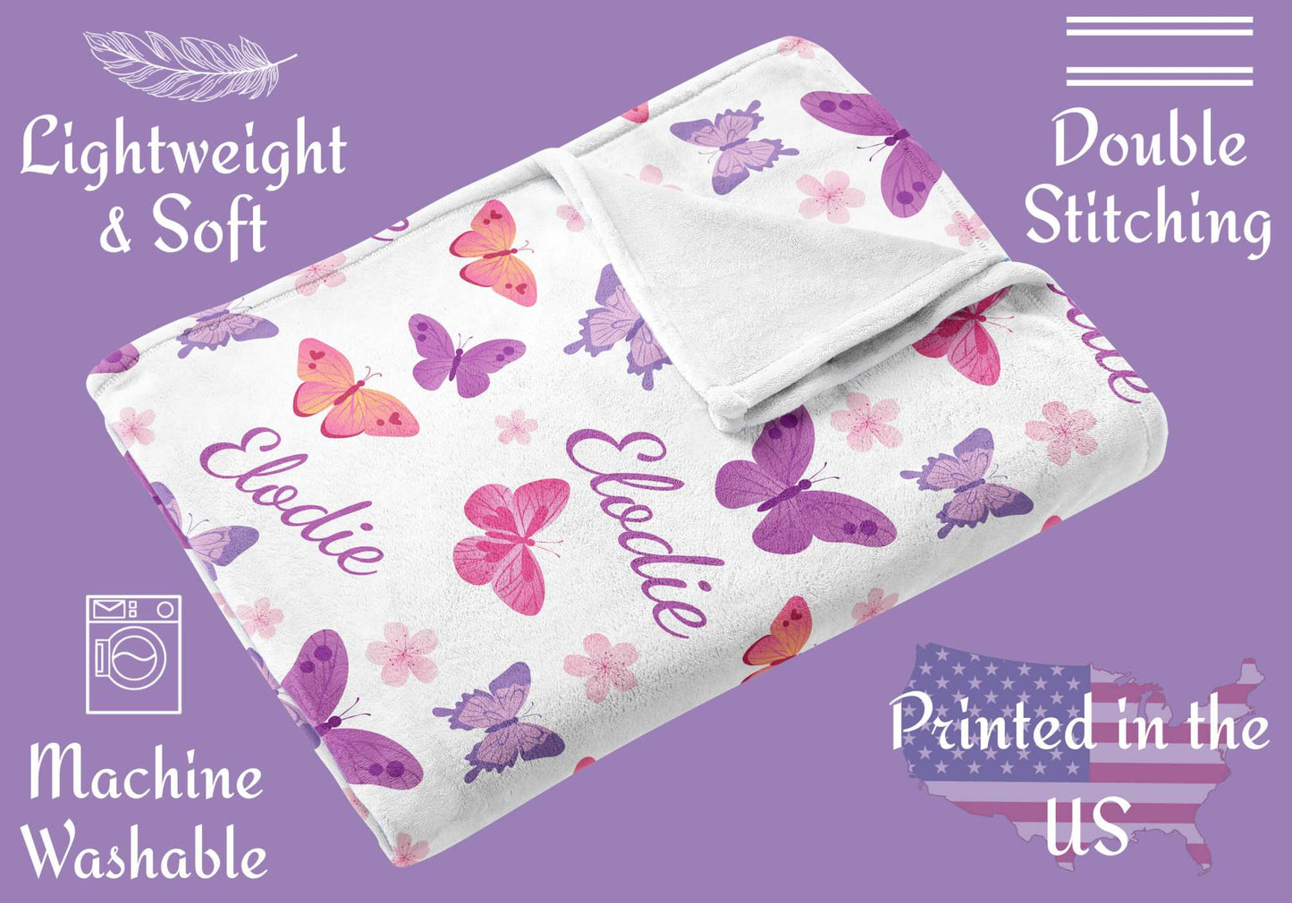 Personalized Purple Butterflies Baby Blanket for Girls with Name