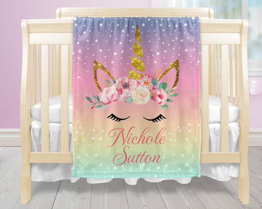 Personalized Unicorn Blanket with Name on a Rainbow Background