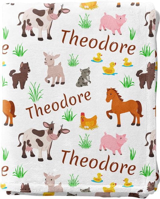 Personalized Baby Blankets for Boys and Girls with Name and Farm Animals: Cow, Horse, Pig, Goat