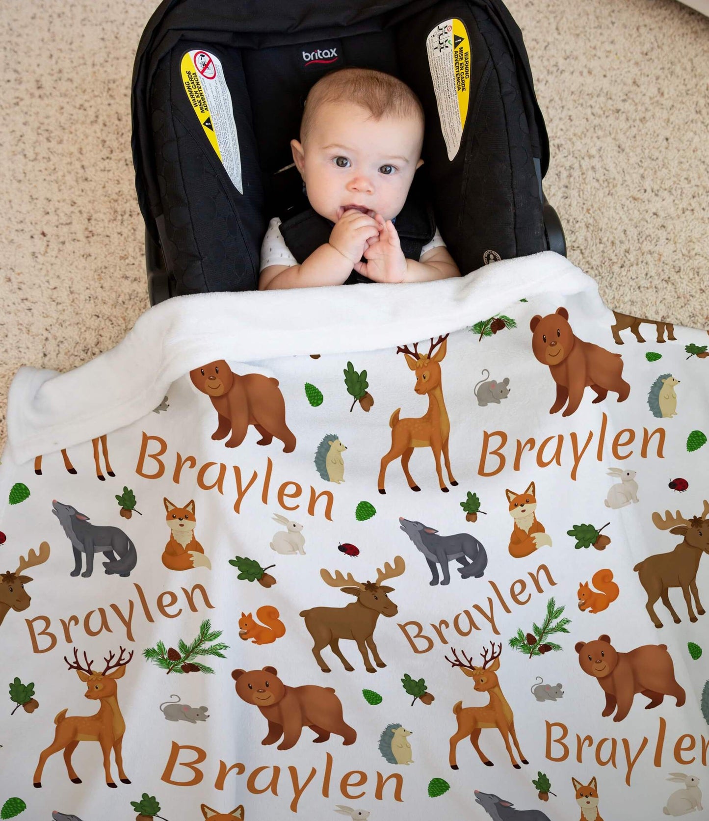 Personalized Baby Woodland Blanket with Name and Animals: Fox, Deer, Moose, Bear