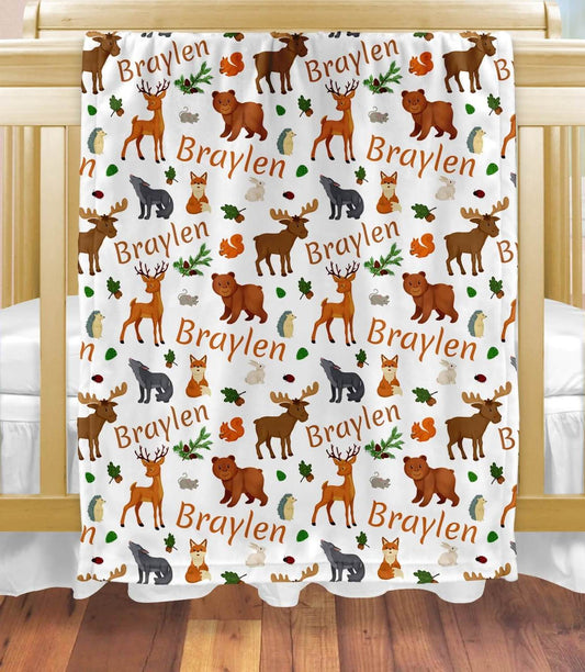Personalized Baby Woodland Blanket with Name and Animals: Fox, Deer, Moose, Bear