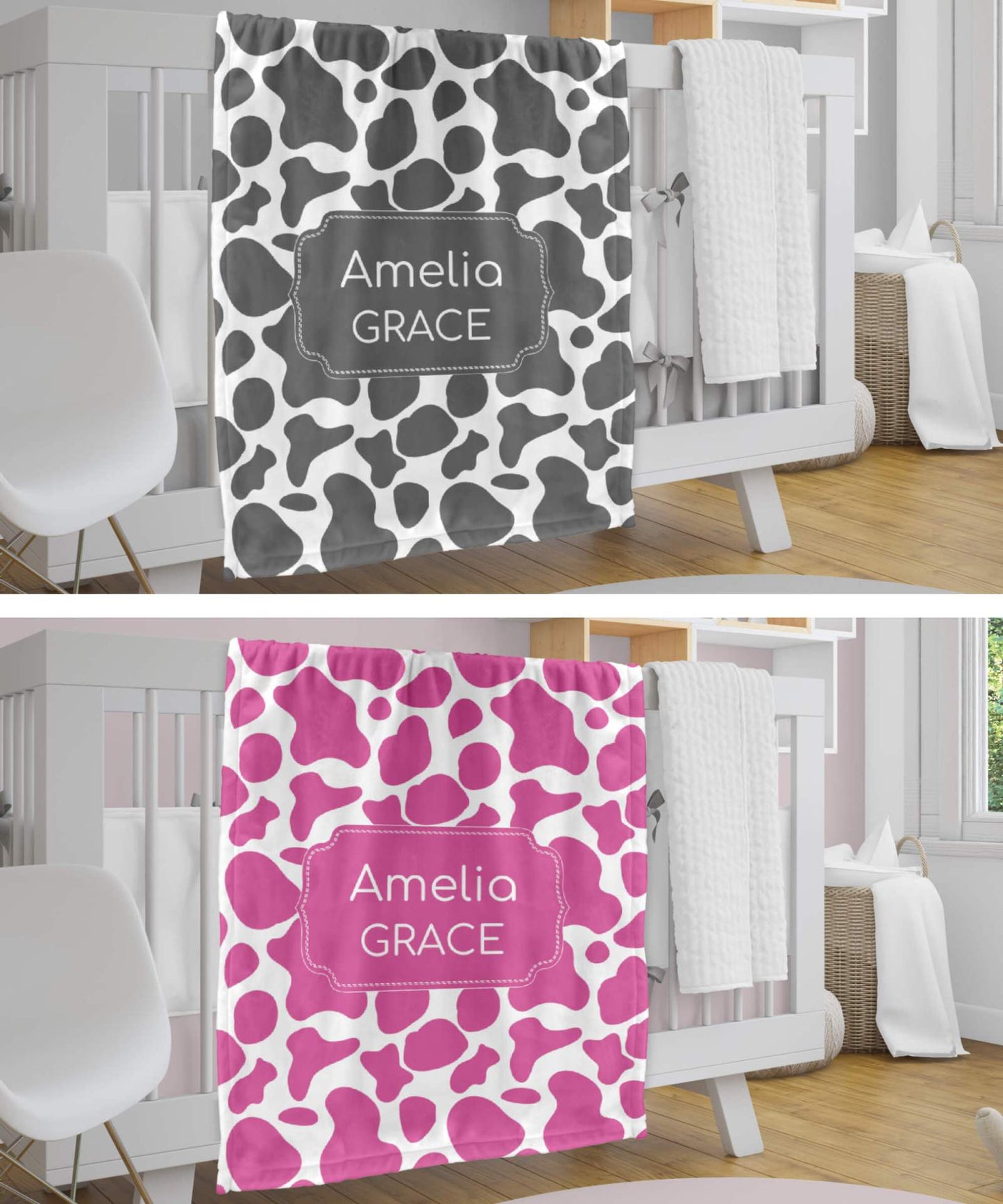 Personalized Cow Print Baby Blanket (Black, Brown, Pink, Gray)