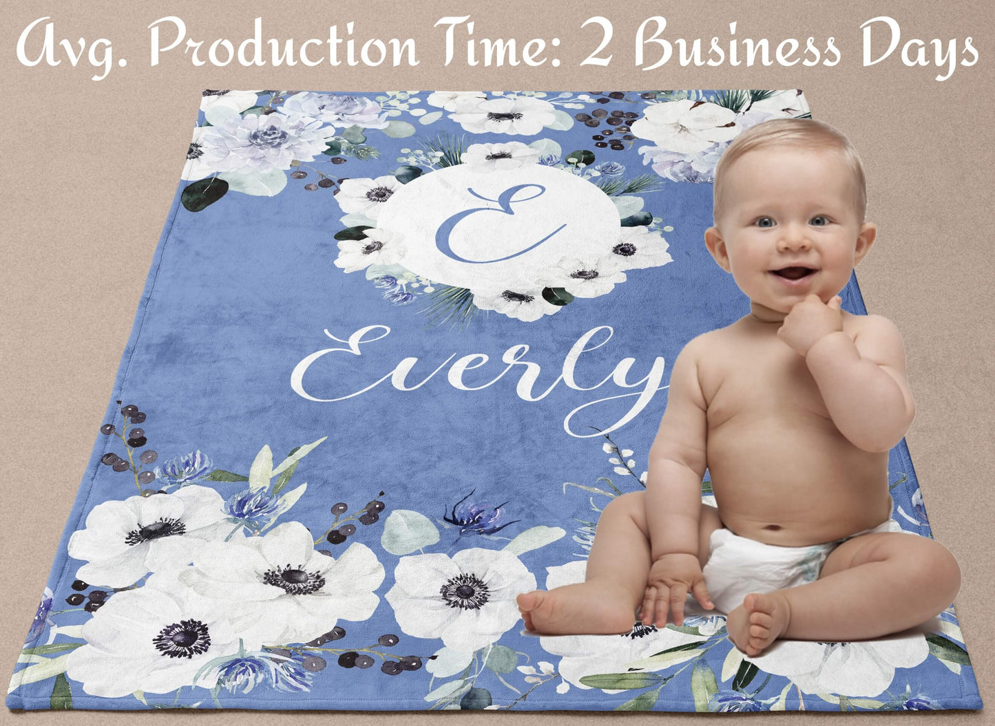 Customized Floral Baby Blankets with Name for Newborn, Infant, Toddler or Kid - Blue and White