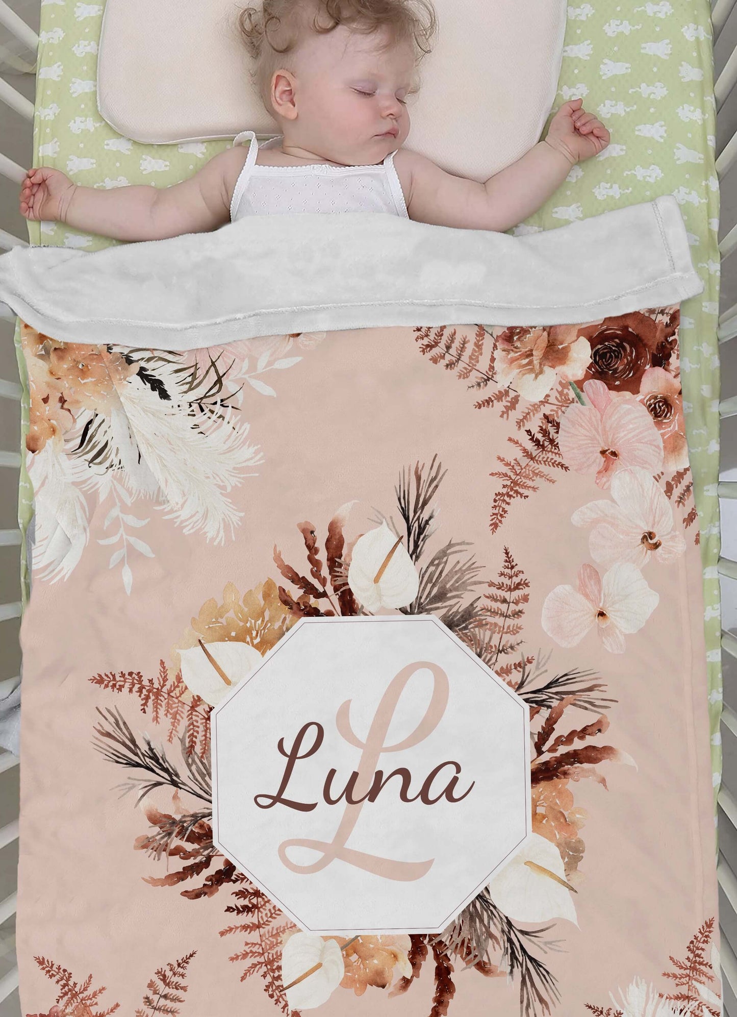 Personalized Boho Baby Girl Blanket - Beige Floral Blanket with Name