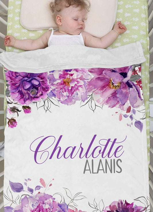 Custom Monogrammed Baby Blanket with Purple Flowers