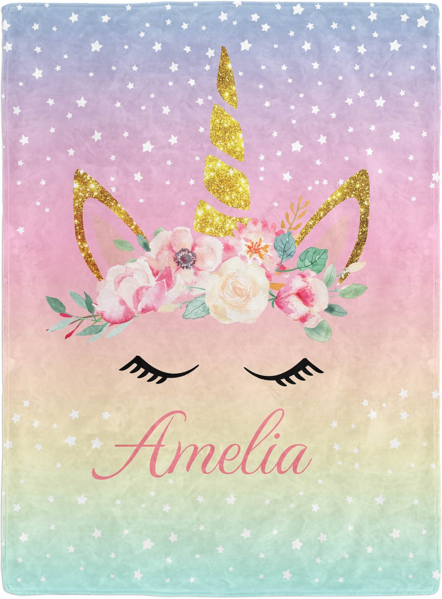 Personalized Unicorn Blanket with Name on a Rainbow Background