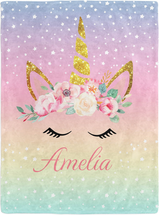 Personalized Unicorn Blanket with Name on a Rainbow Background