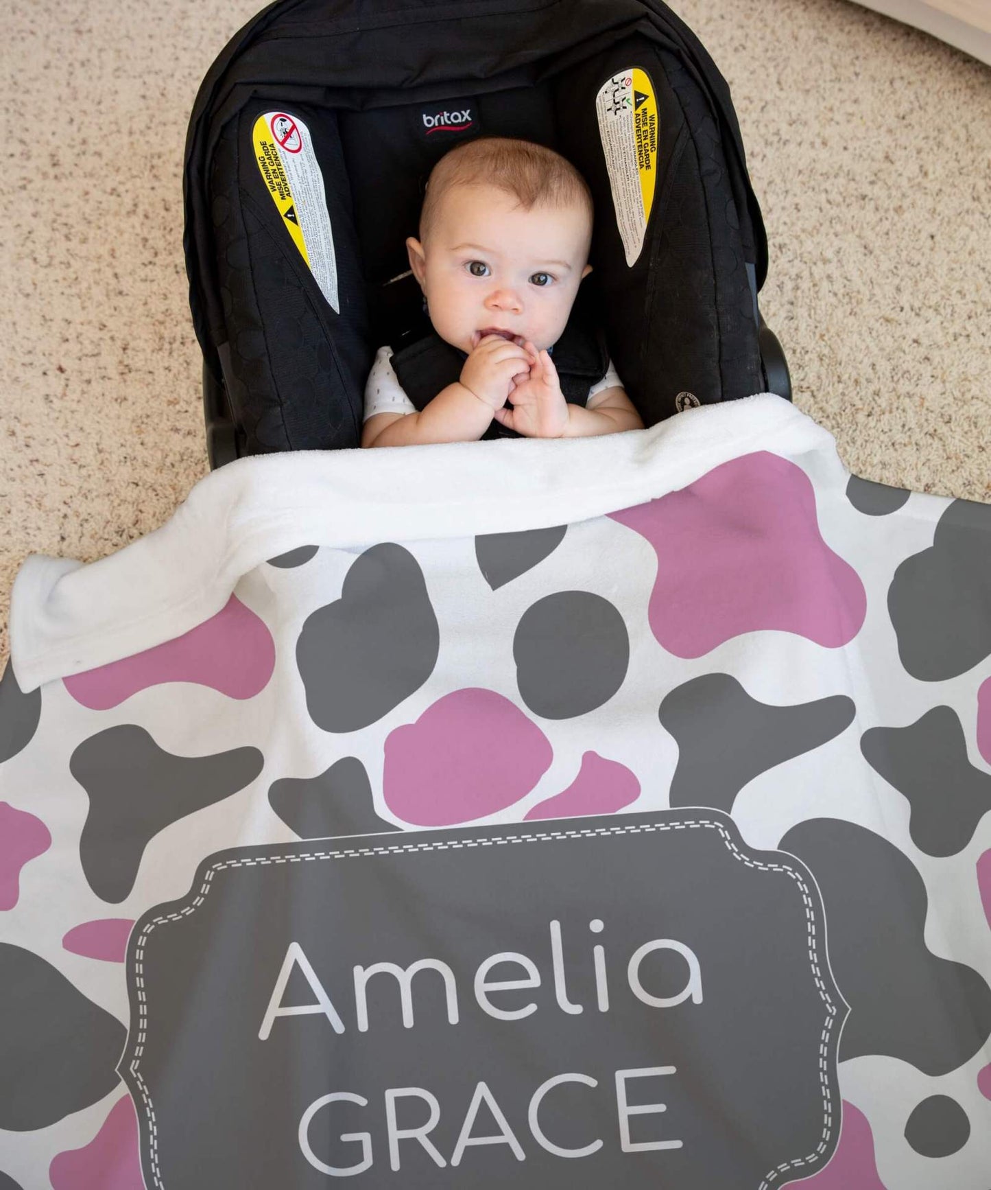 Personalized Cow Print Baby Blanket (Black, Brown, Pink, Gray)