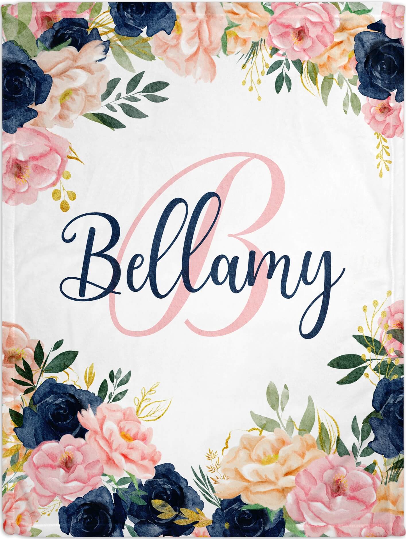 Custom Monogrammed Floral Blanket for Girls, Pink & Navy Blue