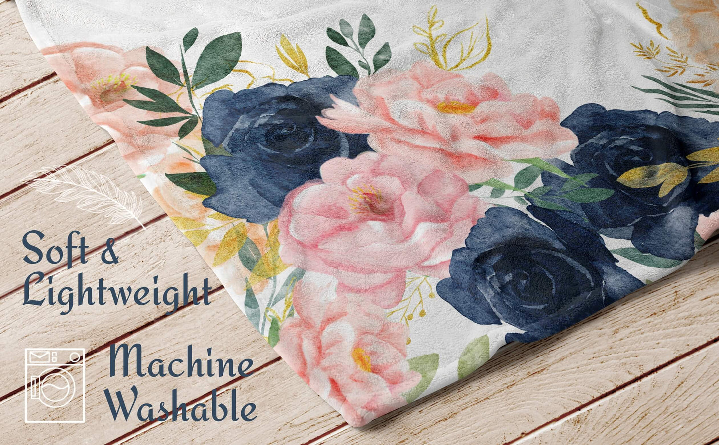 Custom Monogrammed Floral Blanket for Girls, Pink & Navy Blue