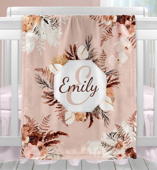 Personalized Boho Baby Girl Blanket - Beige Floral Blanket with Name